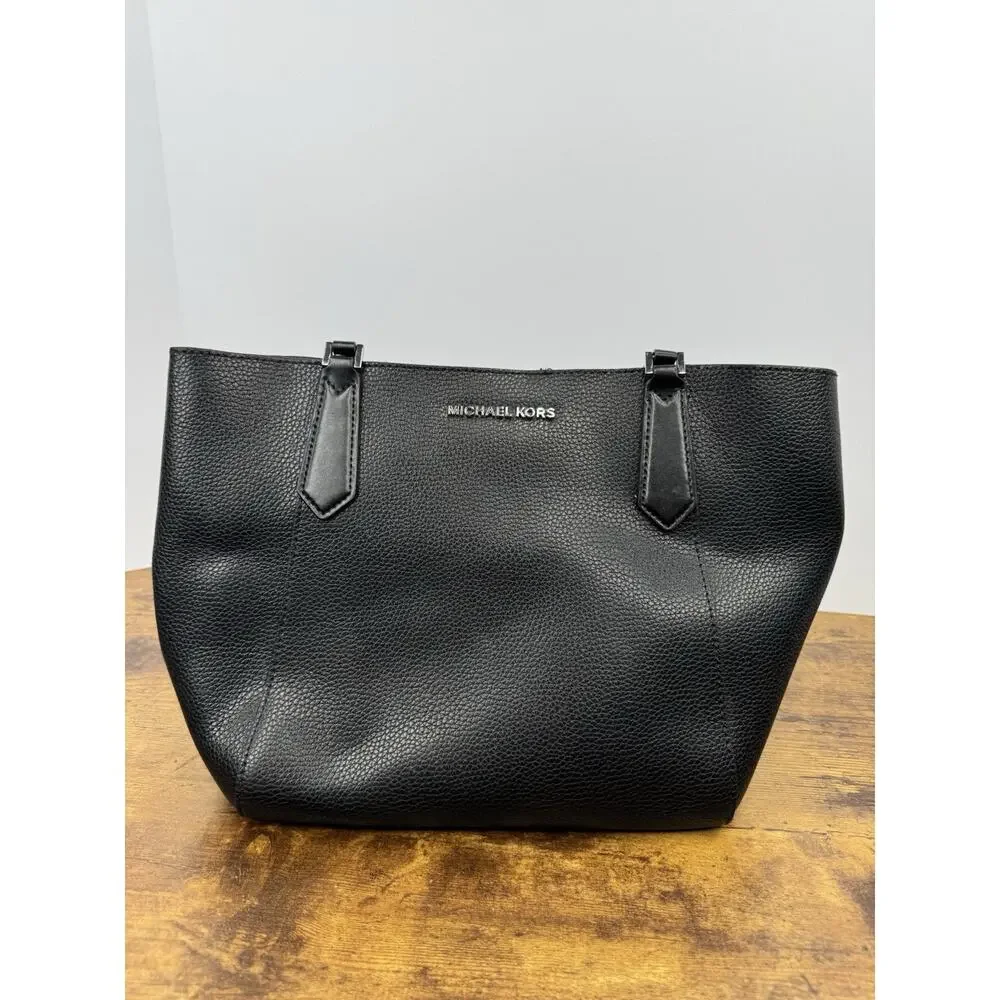Michael Kors Kimberly Large Leather Top Zip Bonded Tote Solid Black Silver Charm